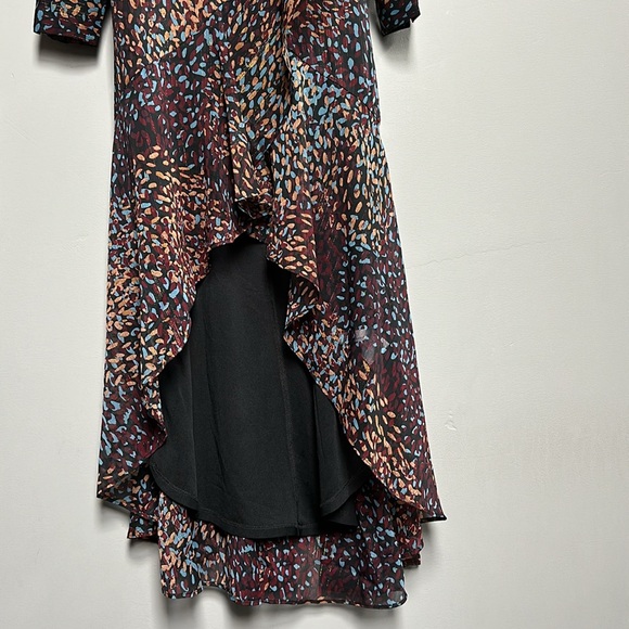 NWT Express Metallic Printed Faux Wrap Ruffle Hi-Lo V-neck Maxi Dress XXS - Picture 6 of 14